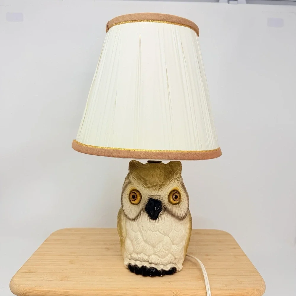 VTG MCM Textured Chalkware Figural Owl 3D Rustic Table Lamp Works Eyes 14